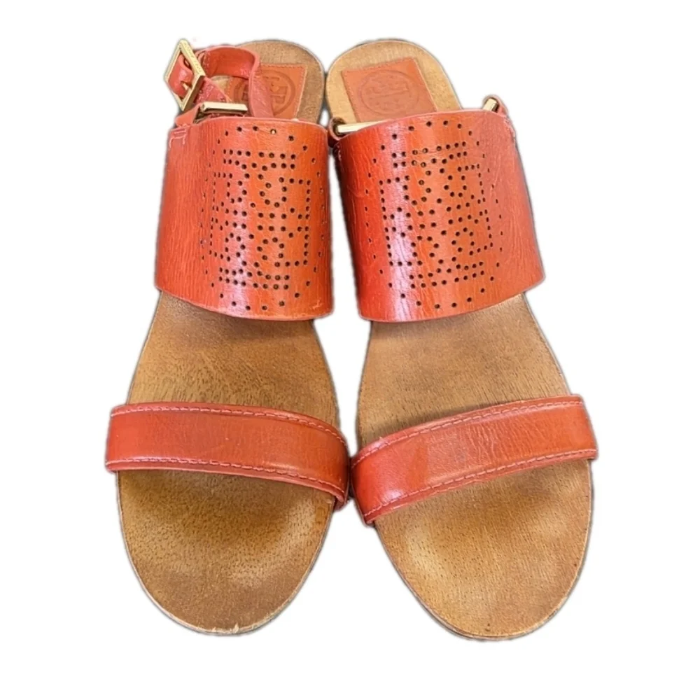 Tory Burch Womens Orange Gold  Leather Wooden Wedge Sandals Size 9 Boho TN Vols - Picture 2 of 13